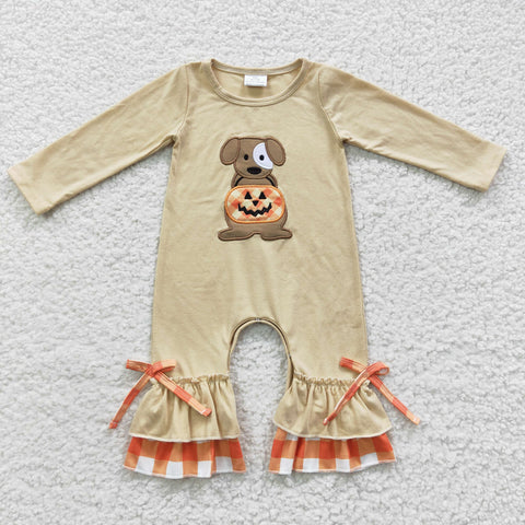 Dog pumpkin embroidery halloween toddler fall romper