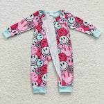 Smile face print baby pink sleeved zip romper