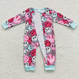 Smile face print baby pink sleeved zip romper