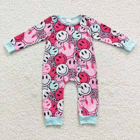 Smile face print baby pink sleeved zip romper