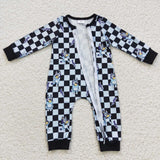 Blue cartoon dog toddler checkered zip romper