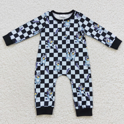 Blue cartoon dog toddler checkered zip romper