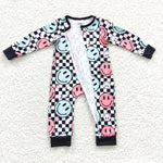 Toddler kids checkered smile pattern zip romper