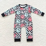 Toddler kids checkered smile pattern zip romper