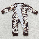 Brown print little kids zip long sleeve romper