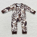 Brown print little kids zip long sleeve romper