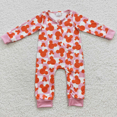 Pink checkered cartoon baby zip onesie romper