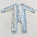 Toddler baby blue checkered zip romper