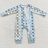 Toddler baby blue checkered zip romper