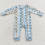 Toddler baby blue checkered zip romper