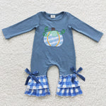 Little girls blue pumpkin embroidery romper