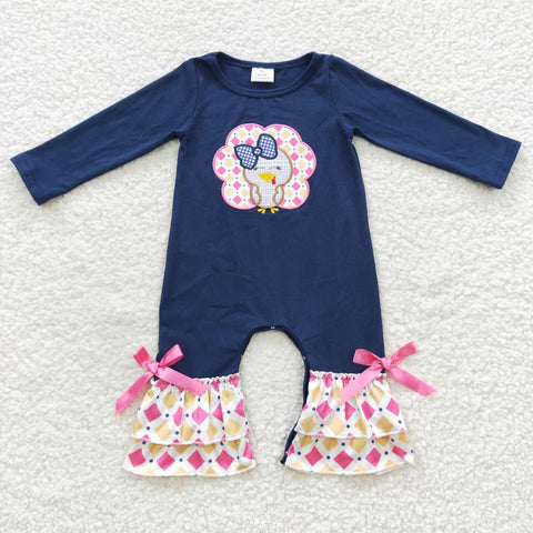 Turkey embroidery toddler girl navy fall romper