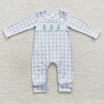 Three christmas trees baby boy plaid romper