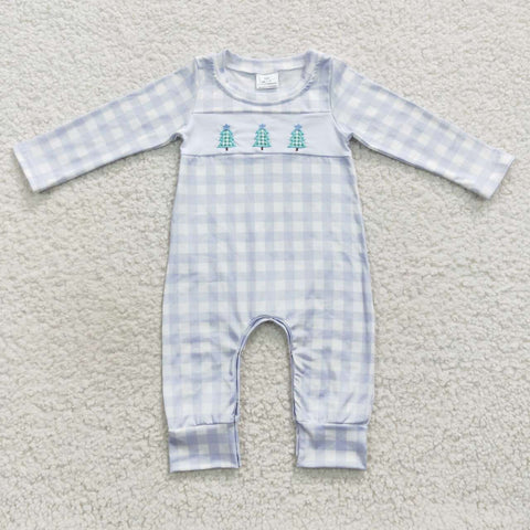 Three christmas trees baby boy plaid romper