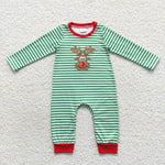 Reindeer applique baby boy green striped romper