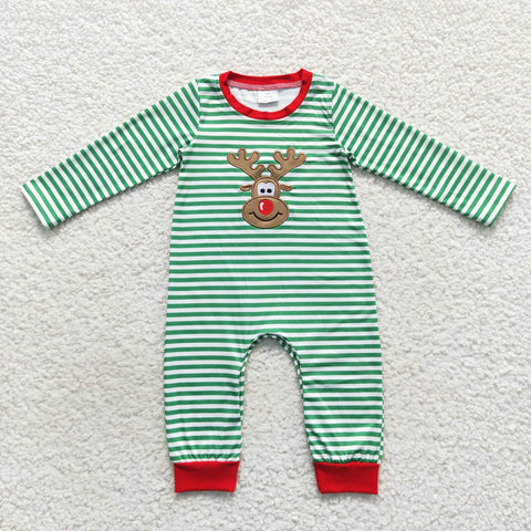 Reindeer applique baby boy green striped romper