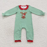 Reindeer applique baby girl green striped romper