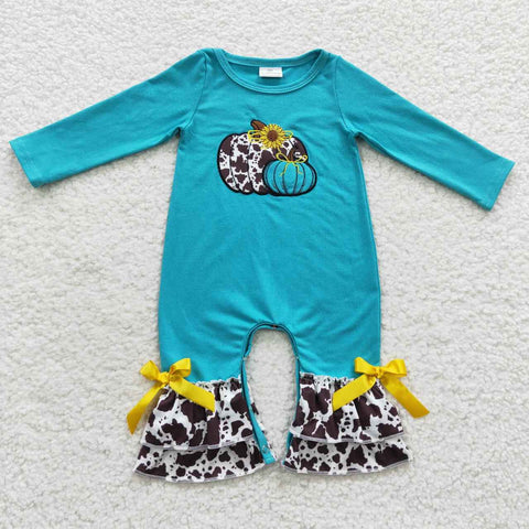 Fall pumpkins embroidery toddler girl blue romper