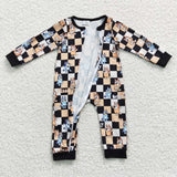 Newborn checkered cartoon zip romper