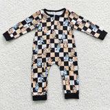 Newborn checkered cartoon zip romper