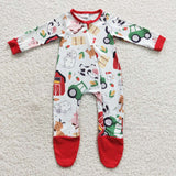 Toddler boy red farm ruffle zip footed romper