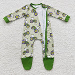 Newborn boy green tractor print cover footed romper