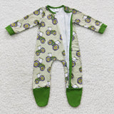 Newborn boy green tractor print cover footed romper