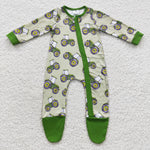 Newborn boy green tractor print cover footed romper