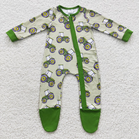 Newborn boy green tractor print cover footed romper