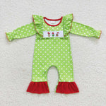 Little girl chrismas green dotted embroidery romper