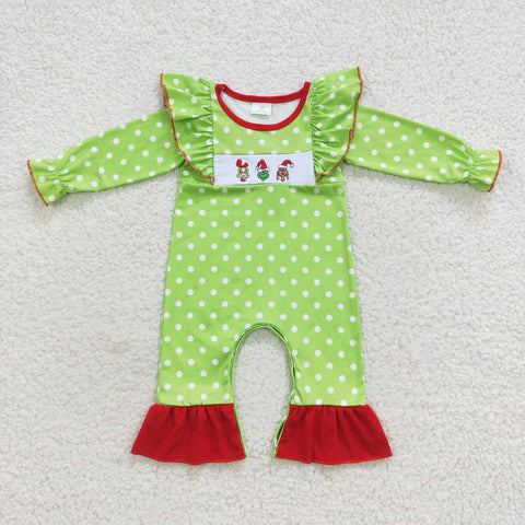 Little girl chrismas green dotted embroidery romper