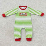 Little boy chrismas green striped embroidery romper