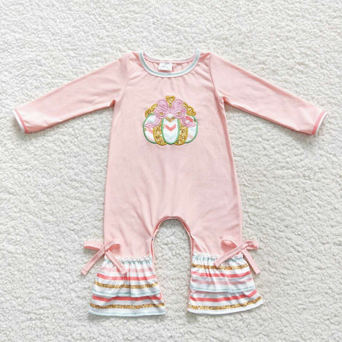 Pumpkin applique toddler girl pink fall romper