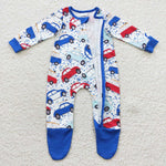 Cars print little boy blue footed zip romper