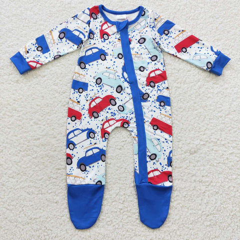 Cars print little boy blue footed zip romper