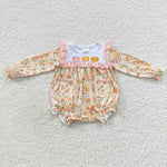 Newborn girl fall pumpkins embroidery fall pockets romper