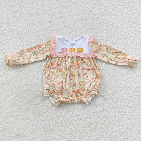 Newborn girl fall pumpkins embroidery fall pockets romper