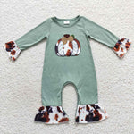 Fall pumpkin applique toddler girls green romper