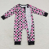 Newborn girl cartoon checkered romper