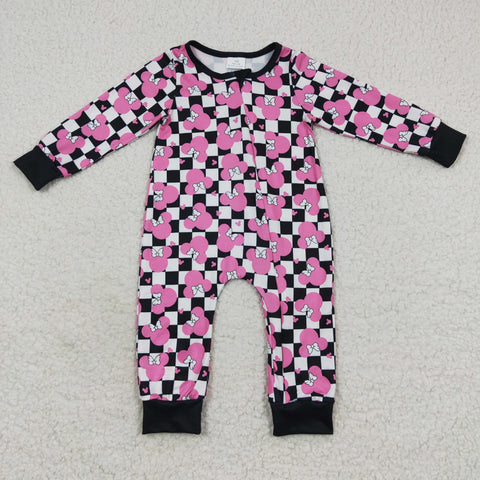 Newborn girl cartoon checkered romper