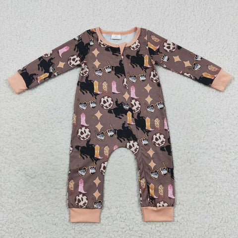 Newborn western cowgirl boots brown zipper romper