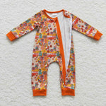 Toddler fall floral butterfly bus zip romper