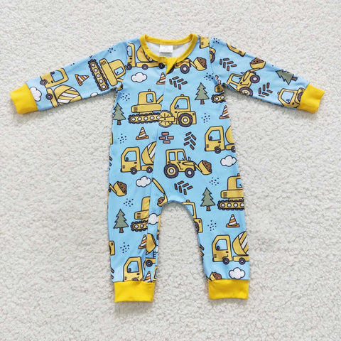 Newborn boy excavator zipper romper