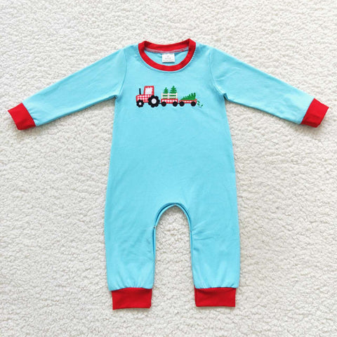 Toddler boy tractor christmas blue romper