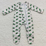 Infant boys green tractors cover footed romper