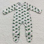 Infant boys green tractors cover footed romper