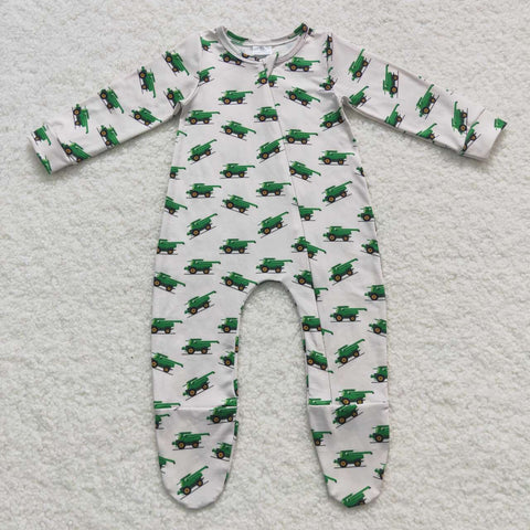 Infant boys green tractors cover footed romper