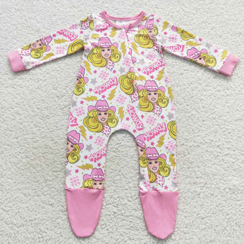 Baby girl pink western howdy barbie footed romper