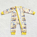 Toddler boy excavator yellow striped zipper romper