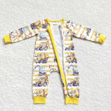 Toddler boy excavator yellow striped zipper romper